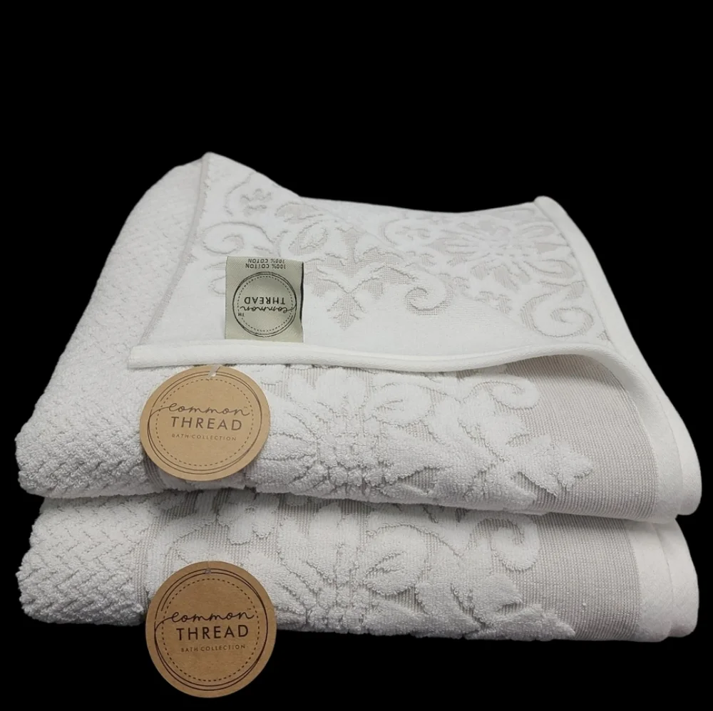 6 Piece COMMON THREAD Bath Hand Tip Towel Set Cream Scroll Jaquered Damask New